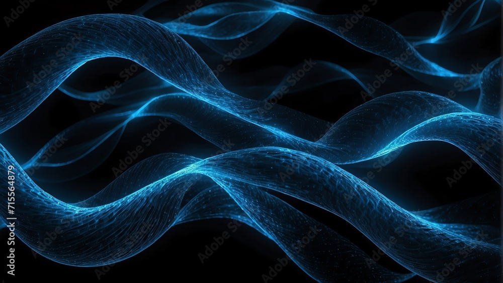 Curly wave made of symmetrical blue neon bright light dots on plain black background from Generative AI
