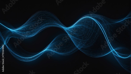 Curly wave made of symmetrical blue neon bright light dots on plain black background from Generative AI © sevenSkies