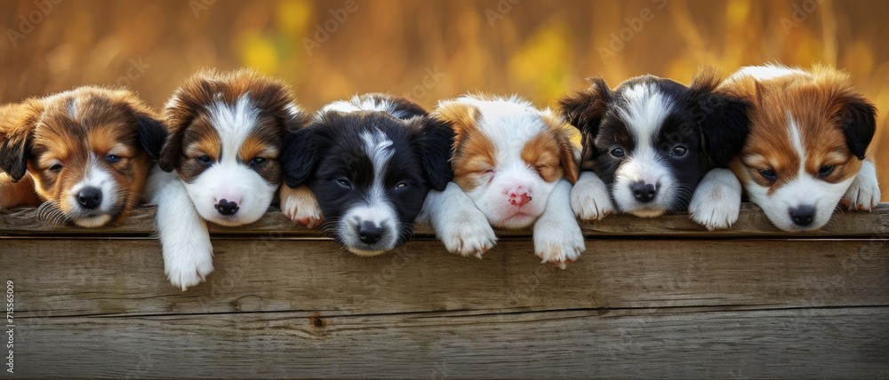 A row of sleepy puppies, like fluffy bookmarks, rest their heads on a wooden ledge, their innocence a heartwarming sight