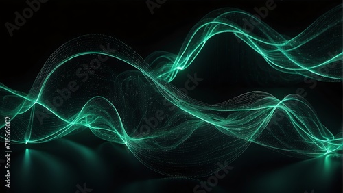 Curly wave made of green neon bright light dots on plain black background from Generative AI