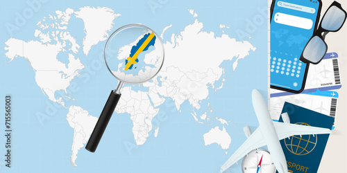 Sweden is magnified over a World Map, illustration with airplane, passport, boarding pass, compass and eyeglasses.