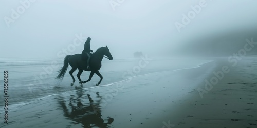 Solitary Rider: A Man and His Black Horse Galloping on a Foggy, Deserted Beach - Surreal and Melancholic Scenery