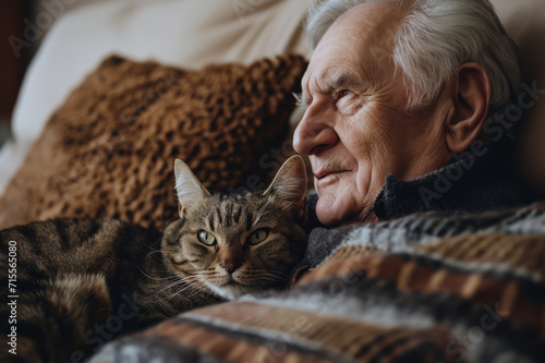 Old european man 70s years old in home on sofa with his cat. Close up portrait of elderly man and pet