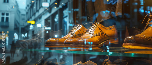Elegant men's brogue shoes gleam under shop lights, a beacon of classic style amidst the evening city blur