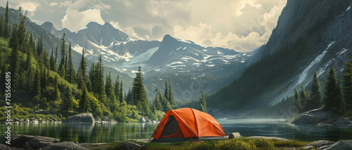 Solitude by the lake: an orange tent nestled amid tranquil pines, with majestic mountains standing guard