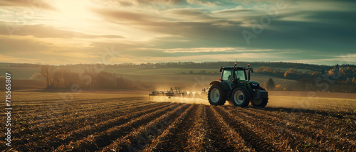 Dawn breaks over a modern tractor tilling the field, promising a bountiful harvest through advanced agriculture