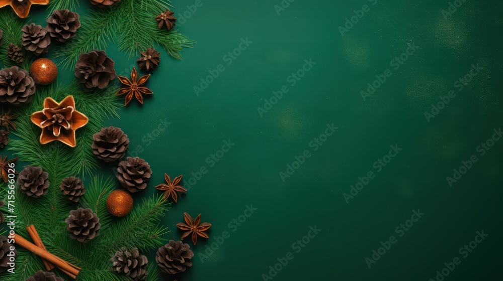 Merry Stylish s border with festive decorations confetti fir branches on green background flat lay seasons greetings card template space for text
