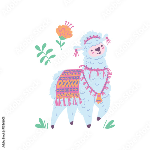 Llama alpaca with textile decorations on blooming flowers  vector cartoon cute funny curly fur Lama animal  sheep