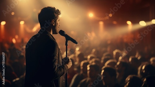 Famous singer male on tour standing singing in concert holding microphone lift up hand fun and happy in hall, night light tage nightclub bar city background, live music with audience crowd people