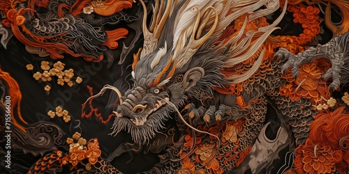 Stunning Voluminous Dragon Embroidery Close-Up - Textile Art Detail
