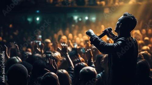 Unrecognizable singer male ่joyfully standing on stage in concert with crowd of people, live music with happy audience hold smartphone, musician man on tour with spot light in city night background