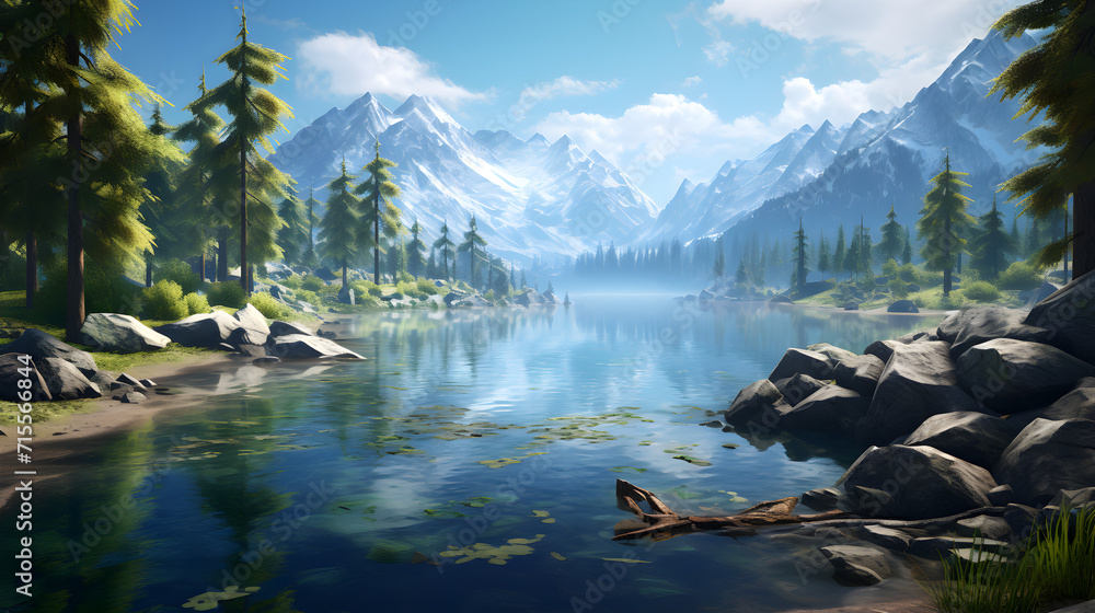 Lake with mountains and trees,,
A digital painting of a lake with mountains in the background