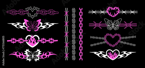 Y2K Gothic pink and white Emo style elements tattoo and stickers. Butterfly, flamed heart, chain, barbed wire frame decor. Tribal tattoo ornament and chain frame decoration design. Isolated vector