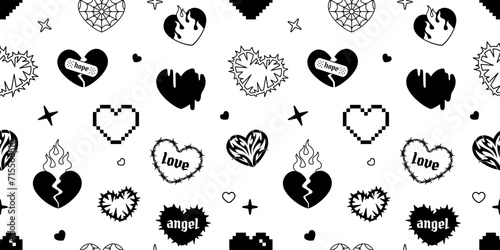 Y2k Tattoo hearts design in 2000s seamless pattern. Trendy emo gotich style tattoo background. Dark style vector print fabric  and textile design photo