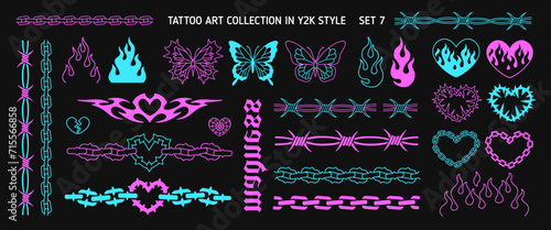Neon Y2k Tattoo art stickers in 90s - 00s style. Butterfly, barbed wire, neo tribal ornament , chain heart, neon tattoo style. Chain frame. Barbed wire. Vector designs in glow pink and blue style	 photo