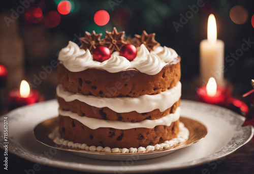 A festive multi-layer Christmas cake adorned with cream frosting and red berry decorations  presented on a gold-rimmed plate with a candlelit backdrop