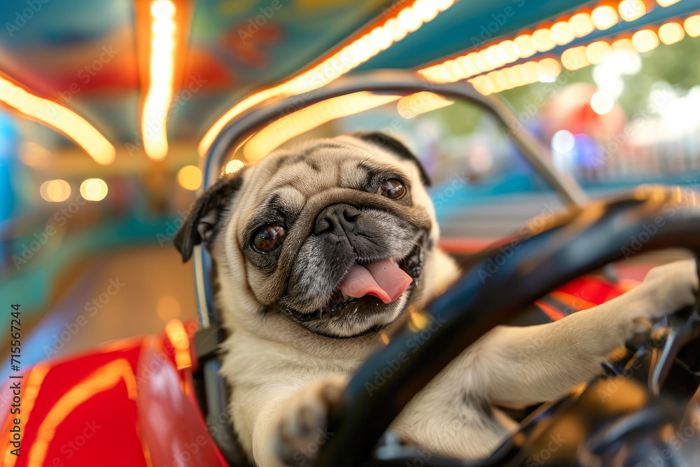 Cruising Canine: Pug’s Selfie Expedition in a Bumper Car