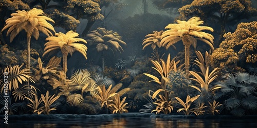 Golden Jungle Elegance: Full-Screen White and Gold Embroidered Plants Design