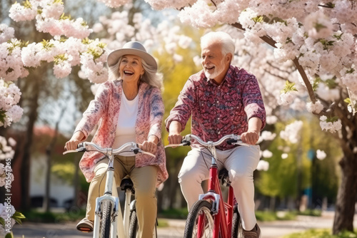 Youthful and playful happy senior old couple enjoy outdoor leisure activity riding bikes in spring cherry blossom park. Elderly Man woman in healthy active lifestyle. Retired people using bicycle photo