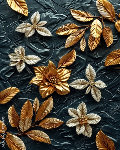 Golden Jungle Embroidery: Full-Screen Luxurious White and Gold Tropical Plant Tapestry