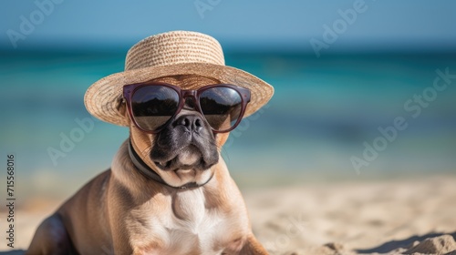 dog in hats and sunglasses rests on the beach. Summer vacation concept.