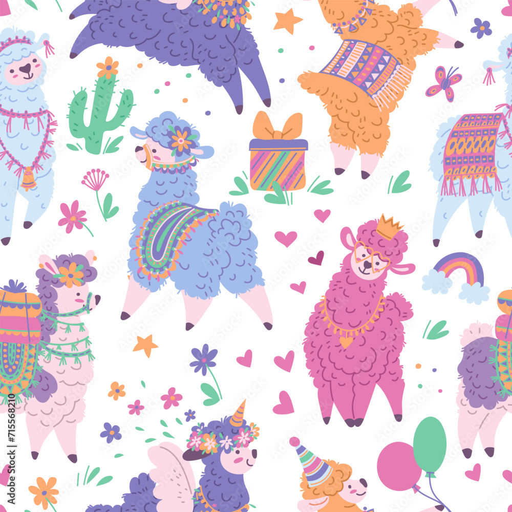 Seamless pattern with colorful cute llamas, alpacas with different decorations, cartoon vector Llama unicorn, flowers