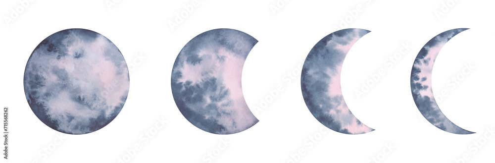Naklejka premium Moon, full moon, new moon isolated on a white background, hand-drawn. Watercolor illustration of the phases of the moon, satellite, planet. An element for design and decoration. A texture spot 