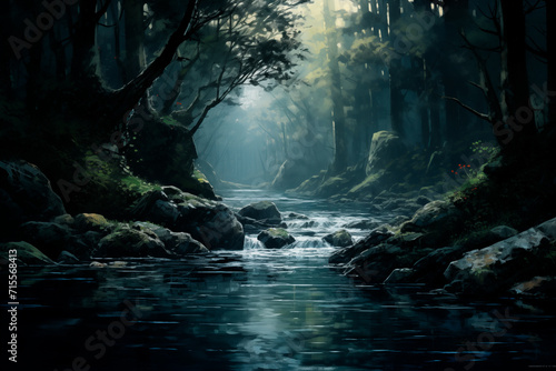 drawn river with rocks in a wild forest