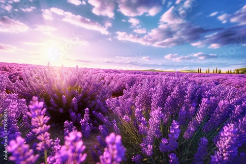 Sunrise over a lavender field. Lavender flowers on a lavender field
