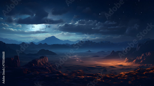 Blue space background with Earth behind it in stealth style, dark blue,, A night sky with a lake and mountains in the background