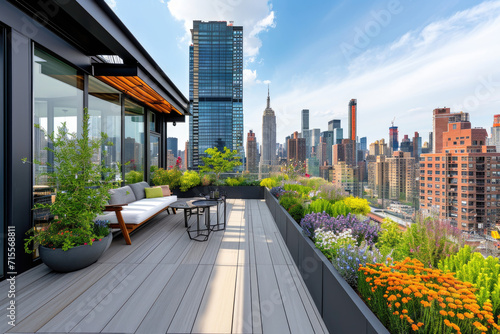Fényképezés A Chic Rooftop Garden Amidst the Cityscape