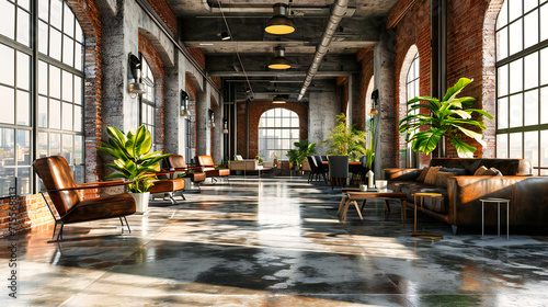 Industrial Loft Interior  An empty and modern industrial loft interior with brick walls  creating a stylish and urban atmosphere