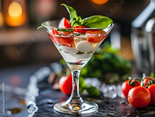 Alcoholic drink Caprese Martini in a beautiful glass. Caesar cocktail  tomatoes  basil  vodka  cheese. Photorealistic  background with bokeh effect. 