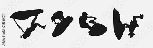 jet ski silhouette collection set. sport, race, vehicle, vacation concept. different action, pose. monochrome vector illustration.