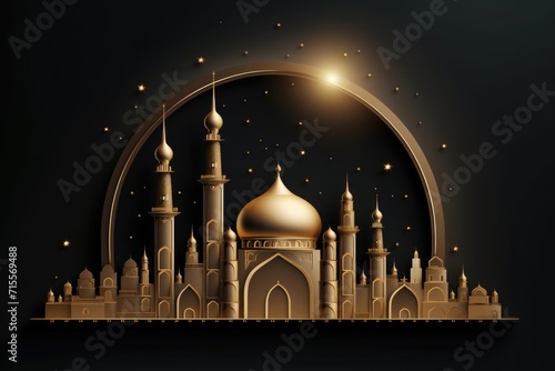 An illustration of an Arab mosque night. 3d composition. Ramadan. © P