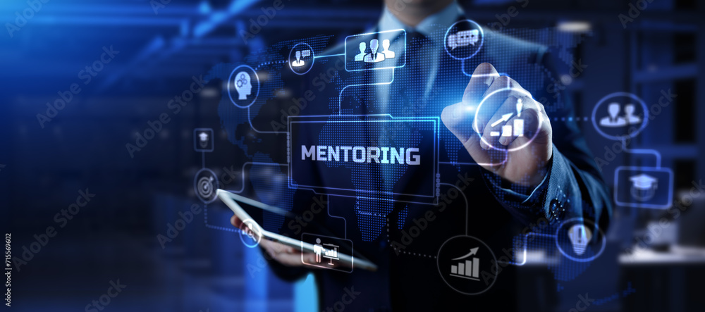 Mentoring coaching training personal development. Businessman pressing button on screen. Mentoring coaching training personal development. Businessman pressing button on screen.