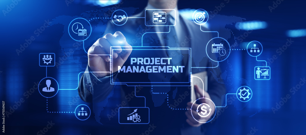 Project management business corporate technology. Businessman pressing button on screen. Project management business corporate technology. Businessman pressing button on screen.