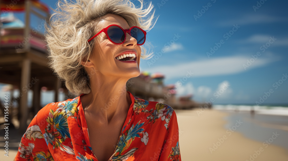 Laughing vivacious blond woman with a sense of humour standing on a tropical beach with copy space Laughing vivacious blond woman with a sense of humour standing on a tropical beach with copy space