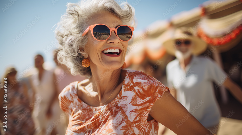 Laughing vivacious blond woman with a sense of humour standing on a tropical beach with copy space Laughing vivacious blond woman with a sense of humour standing on a tropical beach with copy space