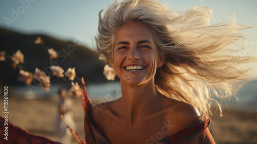 Laughing vivacious blond woman with a sense of humour standing on a tropical beach with copy space