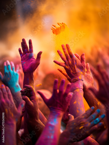 Hands crowd with colorful powder paint, holi festival celebration 