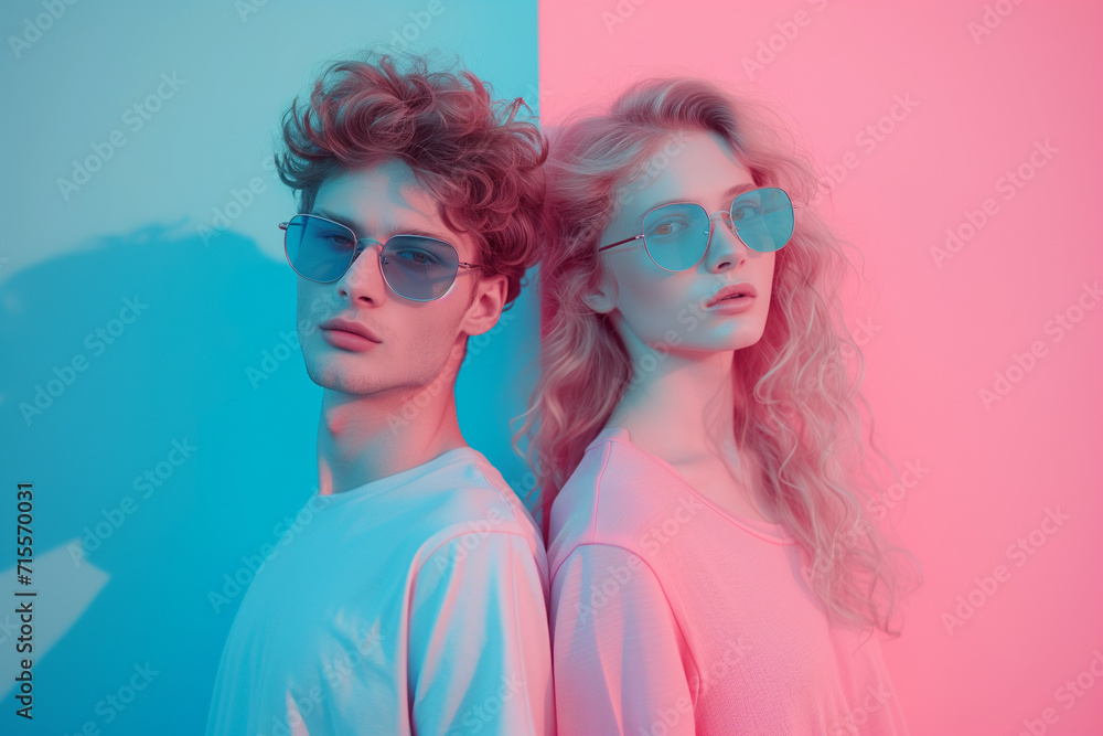 Visual representation of a gender equality featuring a man against a blue background and a woman against pink, symbolizing unity, mutual respect, and the shared pursuit of equal opportunities. Visual representation of a gender equality featuring a man against a blue background and a woman against pink, symbolizing unity, mutual respect, and the shared pursuit of equal opportunities.