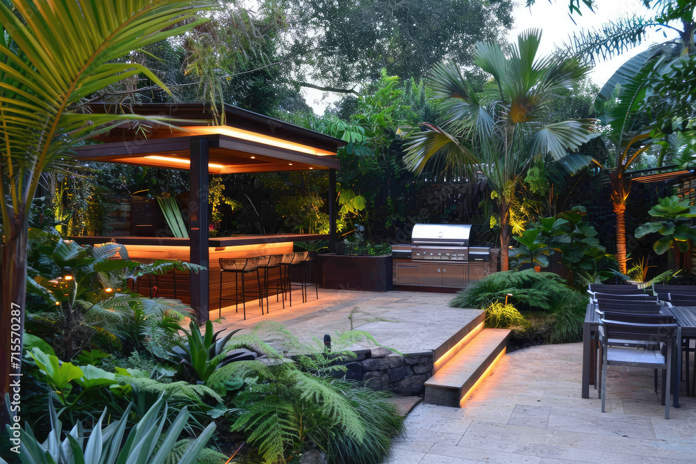 An outdoor entertainment area with a built-in barbecue and a bar setup, many plants