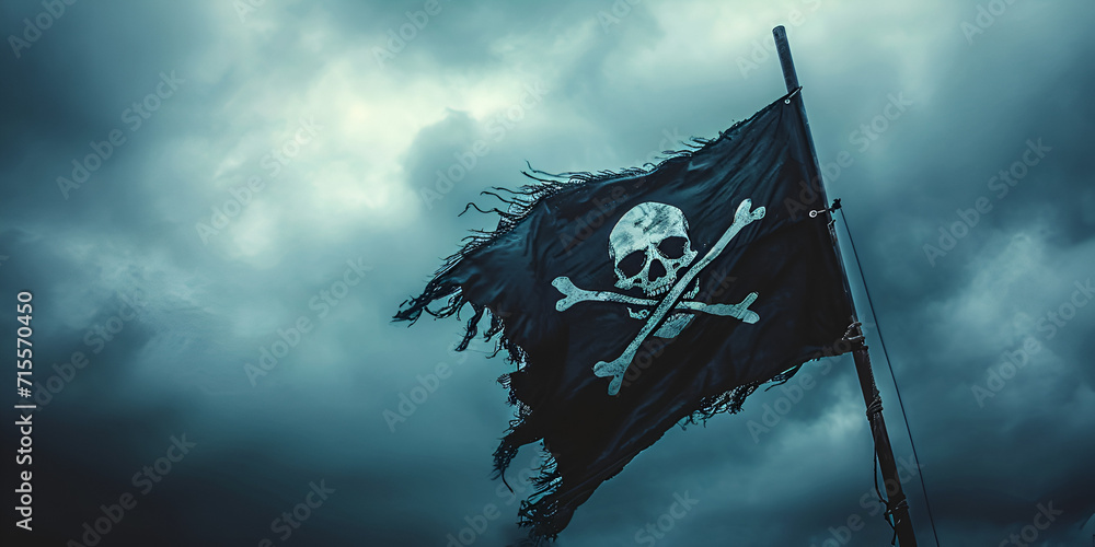 Pirate flag with skull and bones waving in the wind, cloudy sky ...