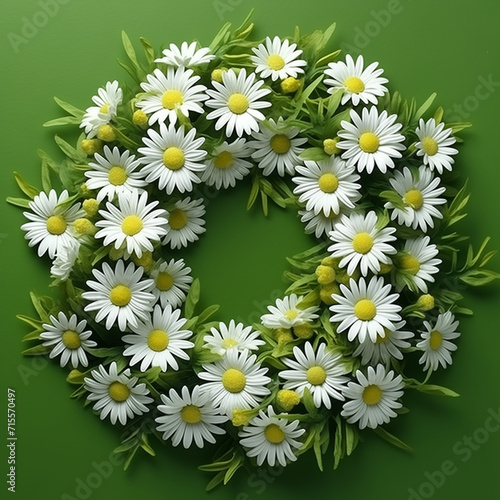 Circular wreath composed of daisies against a green backdrop  radiating natural beauty and conveying a harmonious celebration of the floral form.