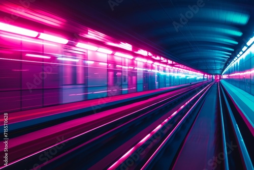 Blurred fast underground subway train racing through the tunnels. Neon pink and blue light