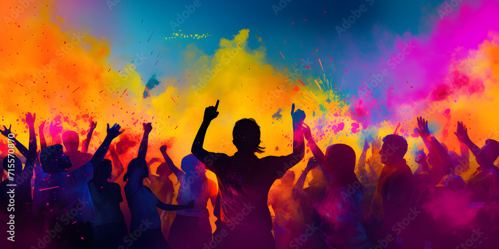 Illustration of a crowd of people at colorful holi festival celebration 