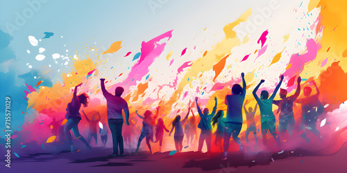 Illustration of a crowd of people at colorful holi festival celebration  photo