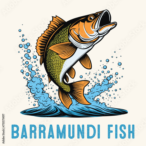 Hand Drawn Barramundi fish colorful Vintage Engraved Style