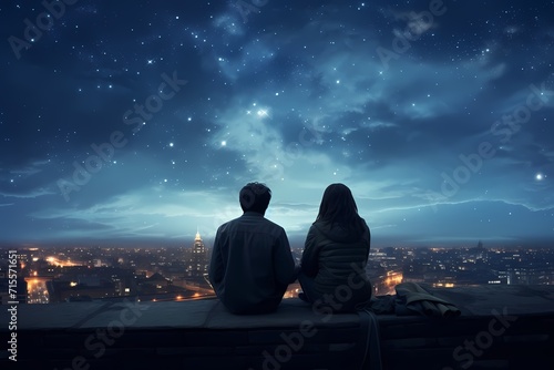 A couple sitting on a rooftop, stargazing and marveling at the beauty of the universe together.